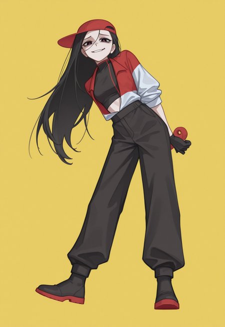 anime, masterpiece, best quality, detailed background, 8k, 1girl, solo, YiXi, black hair, long hair, black eyes, red pupils, baseball cap, red cap, sideways cap, black crop-top, jacket, red and white jacket, black gloves, black pants, black shoes, parted lips, smirk, yellow background, full body, eerie, turning to viewer, staring at viewer, hands behind back, leaning right,