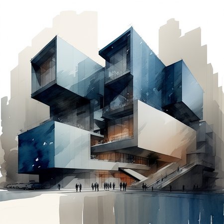 a modern building in the city, archwatercolor, watercolor, painting,