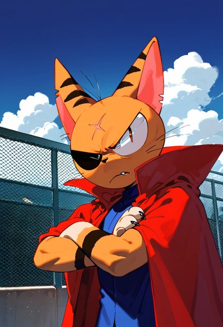 matatabi_ckc, solo, furry male, furry, looking away, orange fur, red cape, eyepatch, male, cat, scar, annoyed, bored, narrowed eyes, half closed eyes, closed mouth, crossed arms, looking at viewer, fangs, 1 eye, eye, backward, fence, (((score_9, score_8, score_7, high quality, high detail, detailed face, good anatomy)))