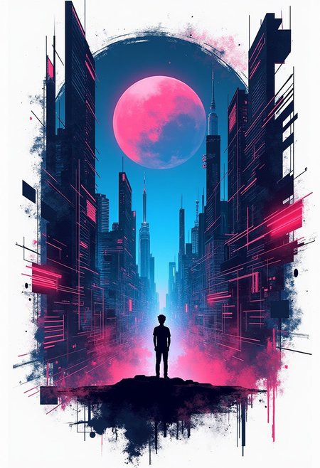 T-shirt design: a bold and dynamic t-shirt graphic featuring a futuristic city skyline at night, with neon lights glowing in shades of blue, pink, and purple. Incorporate abstract geometric shapes and digital patterns to give a cyberpunk vibe. In the background, include a large moon or glowing planet, while the foreground showcases a silhouette of a person looking up, adding a sense of wonder and exploration. The design should feel modern, tech-driven, and visually striking, with a mix of sleek minimalism and vibrant colour accents, transitioning into a collage of various abstract shapes and lines, with red accents, on white paper, composition includes black ink and bold strokes, creating an urban feel, geometric elements in the background, adding to its modern aesthetic, digital illustration technique, contemporary look and feel