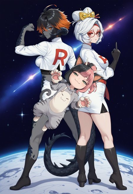 masterpiece, best quality, (realistic:0.35), traditional media, watercolor /(medium/), 2girls,  back to back, <lora:Kyarine-Cath-NoobAi-1.1_V1-Manityro-CAME:0.9> monster girl, colored skin, grey skin, black scales, low horns, orange eyes, freckles, short hair, black hair, orange hair, ahoge, spiked hair, multicolored hair, hair between eyes, black tail, spiked tail, medium breasts, team_rocket uniform, white shirt, white skirt, flexing, space, galaxy, full body
masterpiece, best quality, (realistic:0.35), traditional media, watercolor /(medium/), 2girls, back to back, (Purah:0.6), medium breasts, team_rocket uniform, white shirt, white skirt, middle finger, red eyewear, red eyes, red eyeshadow, space, galaxy, full body
masterpiece, best quality, (realistic:0.35), traditional media, watercolor /(medium/), 1girl, solo, <lora:clamchan_illu:1> animal ears, black hair, pink hair, multicolored hair, ponytail, green eyes, slit pupils, freckles, cat tail, chibi, gray onesie, paw pose, jumping, black background, Meowth costume, paw gloves, smug, :3, =.=