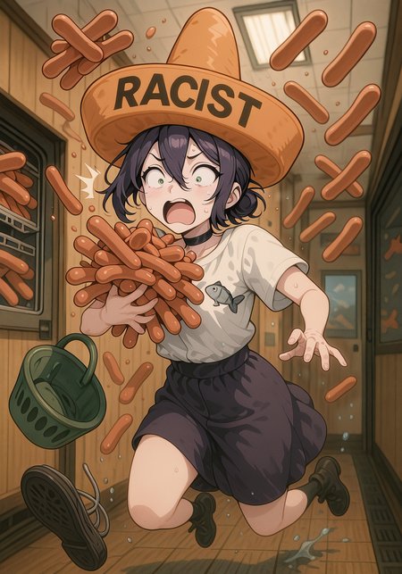 embedding:IllusP0s, racist sombrero, fish logo, reze, hot dogs, falling, surprised, 1girl, solo,<lora:hot dogs, falling, surprised_illustrious.safetensors:1.0:1.0> <lora:racist sombrero_illustrious.safetensors:1:1>