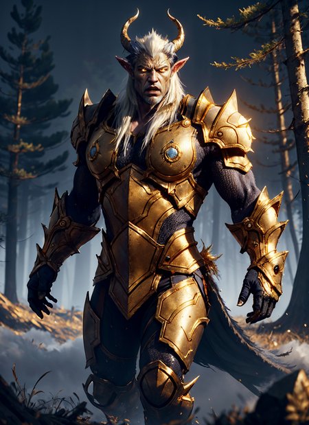 1boy, angry hedrn, horns, heavy armor, golden armor, glowing yellow eyes, white hair, grey skin, facial mark, dark forest, mist fog, dynamic cinematic perfect background, exquisite color, striking, dynamic cinematic color, volumetric lighting, best quality, masterpiece, realistic, midasmagic, golden aura, glint, <lora:sxz-draenei:0.7>,  <lora:MidasMagic:0.4>