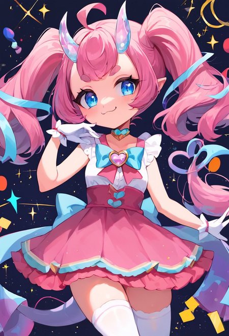 score_9, score_8_up, score_7_up, colorful, masterpiece, perfect face, post processing, slender thighs, skinny, 
circus bedroom background, daytime, looking at viewer, 
Cute pose, dancing, 
smug face, (pastel colors), 
(chibidokidef, light pink hair, bow, thick eyebrows, horns, gloves, tail, pink skirt, white thighhighs, choker, light blue eyes),
1 girl, solo, Expressiveh, AissistV2