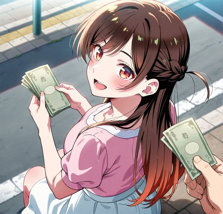 <lora:add-detail-xl:0.5>,,masterpiece, best quality, newest, absurdres, highres, detailed eyes, beautiful, detailed background, perfect eyes, anime coloring, anime screencap,
<lora:sugar_dating:0.5>sugar_datingV1,
sitting, holding money,from above, from behind,open mouth, happy, 
pov hand  holding money, giving money,outdoors, day,sunlight, street, 
BREAK
kanojo okarishimasu, official style, 
mizuhara chizuru, 
skirt, shirt, short sleeves, puffy sleeves, puffy short sleeves, white skirt, pink shirt,
20YO, milf,adult female,