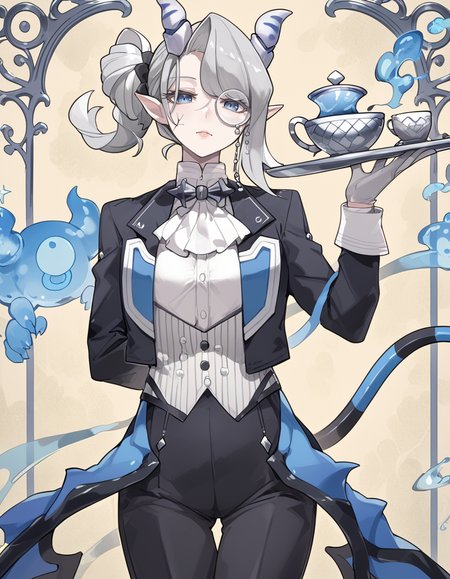 (score_9:0.9),score_8_up,score_7_up,rating_safe,(zPDXL3),(zPDXL),
masterpiece,intricate details,anime,4k,best quality,anime style,
<lora:arias the labrynth butler PonyXL v1:0.82>,
arias the labrynth butler,butler,monocle,solo,arm behind back,looking at viewer,teacup,1girl,white gloves,tray,black pants,scar,monochrome,demon girl,white shirt,white ascot,black tailcoat,demon tail,blue ghost,low demon wings,holding tray,