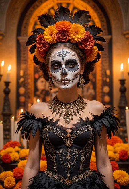 (medium full shot) of (skeleton bride) young woman, wearing a midnight black skull patterned dress with bold details, painted skeleton face, feathered headpiece, set at Dia de Muertos, in  a grand altar, showcasing elaborate decorations, rich marigold displays, abundant offerings, cultural artifacts, and a reverent atmosphere, during sunset, woman smiling, Masterpiece,best quality, photo, realistic, very aesthetic, detailed face,
