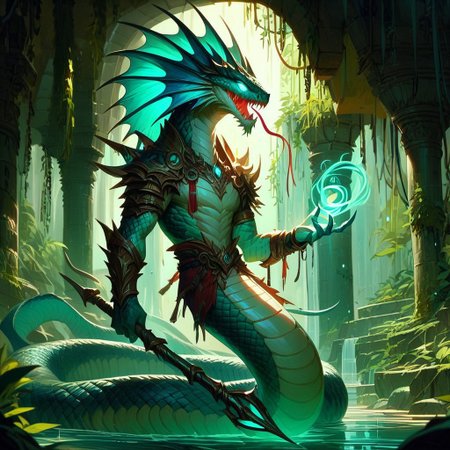 score_9, score_8_up, score_7_up, naga, holding a glowing trident in a grotto
