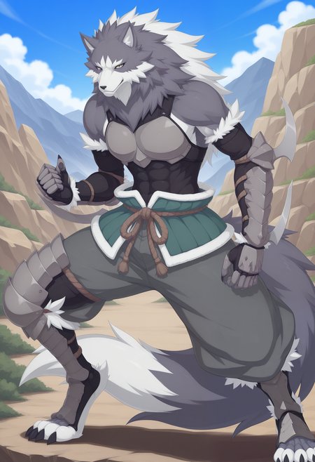 masterpiece,best quality,amazing quality, 1boy, solo, a1n, wolf boy, furry male, tail, grey eyes, breastplate, metal gauntlets, metal shin guards, metal single leg armor, baggy pants, brown rope belt, green obi belt, black arm sleeves, black underbust armor, arm blade,  pose, outdoors,