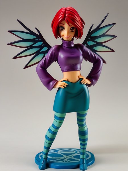 score_9, score_8_up, score_7_up, 1girl, looking at viewer, full body, dynamic pose, cute, solo, dutch angle, simple background, smile, :D, detailed background, hand on hips, wide shot, 
 <lora:WillVandom_character:0.8> WillVandom, red hair, short hair, brown eyes, wings, striped pantyhose, midriff, green skirt, long sleeves, purple top, turtleneck,  <lora:Anime_Figure_P1:1> figure,,