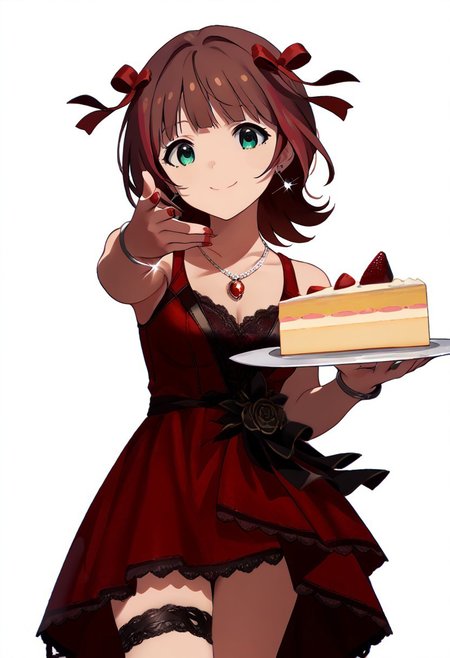 score_9, score_8_up, score_7_up, source_anime,
standing, throwing at viewer, cake throw, cowboy shot, white background, 
ammhrk, short hair, medium hair, brown hair, bangs, (red hair ribbon:1.2), green eyes, medium breasts, 
idol costume, red dress, lace trim, luxury, thighs, lace thigh strap, earrings, necklace, bracelet, nail polish, detailed eyes, eye refraction, smile
