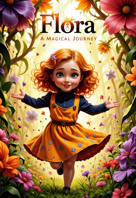 A whimsical, vibrant illustration of a young girl as the centerpiece, crafted in the style of a film poster. The girl is full of life, with strikingly vivid, curly orange hair that catches the light like fire. Her big blue eyes sparkle with innocence and joy, framed by delicate freckles across her rosy cheeks and a little snub nose. She dances with outstretched arms, radiating pure happiness. She wears a deep-colored, high-collared blouse beneath a bright pinafore dress adorned with subtle floral patterns, cinched at the waist with a small belt, adding a charming touch to her look.  The background is a soft, glowing garden scene, blending abstract and surreal artistic elements. Blooming flowers in rich shades of orange, pink, and purple surround her, their shapes slightly exaggerated in a dreamlike, painterly fashion. The atmosphere is bathed in golden light, casting a warm, ethereal glow over the entire scene. The focus is on the girl's face, capturing every joyful detail with a high level of painterly quality. The composition feels fairytale-like, with playful, swirling elements in the background and a sense of movement that draws the viewer into her whimsical world.  The overall style is artistic and detailed, combining soft, glowing colors with intricate textures to create a magical and captivating poster design.  The title “Flora” is prominently displayed in the upper part of the poster. The Text “A Magical Journey” is in the lower part of the poster.
