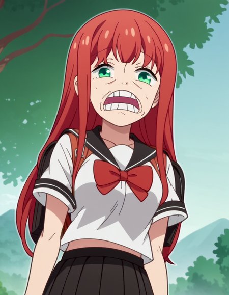 score_9, score_8_up, score_7_up, source_anime, <lora:yuki-minagawa-s1-ponyxl-lora-nochekaiser:1>, yuki minagawa, long hair, bangs, green eyes, red hair, medium breasts, anime screencap, skirt, school uniform, serafuku, black skirt, pleated skirt, red bowtie, black sailor collar, white shirt,, mountain trail, hiking, nature, backpack, adventure, fresh air, , <lora:strawhat-huh-face-ponyxl-lora-nochekaiser:1> strawhat huh face, strawhat huh face, open mouth, teeth,, looking at viewer, solo,, dutch angle, cowboy shot