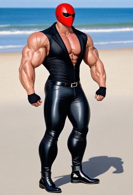 1man, black pants, gloves, pants, black leather gloves, tight black clothes, black opened leather blazer jacket, male focus, helmet, (black opened tuxedo leather blazer, tight black tuxedo shirt, standing, muscular male, muscular, huge biceps, bara, black leather gloves, black leather pants, black men leather shoes:1.8), black leather blazer jacket, tight black latex shirt, tight pants, standing up, flexing, taut black clothes, boots, large pectorals, large biceps, black opened leather blazer jacket, taut black latex shirt, black footwear, (sleek red Red Hood motorcycle helmet with solid white eye lenses, completely covers mouth:1.7), tropical beach<lora:KoraPhotography_PonyXL-000016:0.8>