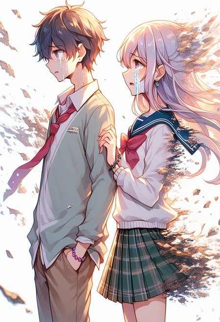 score_9, score_8_up, score_7_up, source anime, dissolving, disintegration, 1girl, 1boy, necktie, crying, skirt, tears, school uniform, long hair, crying with eyes open, jewelry, bracelet, shirt, bow, looking at another, pleated skirt, pants, bowtie, serafuku, chromatic aberration, short hair, long sleeves, sailor collar, collared shirt, holding hands, plaid, plaid skirt, bead bracelet, white background, parted lips, from side, simple background, eye contact, blush, earrings, cowboy shot, profile, hair between eyes, greyscale, beads, open mouth, <lora:dissolving-xl-pony-v2-000008:1.1>,