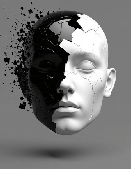 A surreal, futuristic human head dissolving into reflective shards from the left side. The highly stylized face, constructed from mirror-like fragments, creates a visually compelling metaphor for disintegration, identity loss, or technological transformation. The black-and-white palette, coupled with reflective surfaces and high contrast, gives the artwork a cold, mechanical atmosphere, while the flowing fragmentation introduces a sense of emotional tension and conceptual depth.