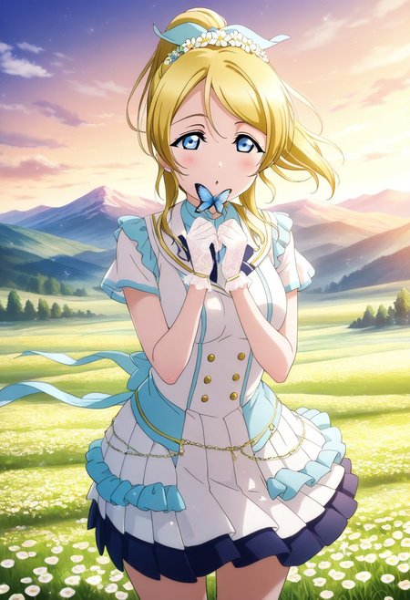 masterpiece, best quality, solo, 1girl, aged up, happy, 
 eli_ayase, ayase_eli, yellow hair, blue eyes, ponytail, hair ribbon, pleated skirt, short sleeves, skirt, classical idol dress, soft pastel tones, layered chiffon, lace gloves, flower crown, mountain meadow, wildflowers blooming, butterflies around her, golden hour, serene and natural performance, wind gently blowing her hair