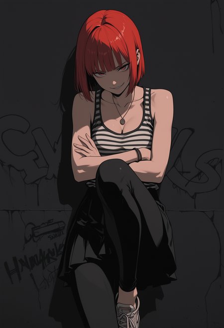 masterpiece,best quality,amazing quality,32k,ultra detailed, 1girl, solo, bob cut, red hair, sleek, straight, bangs, medium breast, cleavage, loose tank top, striped tank top (black and white strips), collarbone, athletic, skinny, leggings breeches, skirt, pendant, bracelets, tomboy appearance, smirk, crossed arms, knee up, foot leans against the wall, sneackers, look at viewer, wall on the background, graffiti on the wall in banksy art style, dark theme, sharp focus, high contrast, urban aesthetic, portrait in street art style, ck70scf, sinozick_illu, mythan1m3, 7481llu, <lora:Sinozick_style:0.35> <lora:748cm_illu:0.35> <lora:ck-70s-scifi-IL:0.25> <lora:iLLMythAn1m3Style:0.3> <lora:illustriousXL_stabilizer_v1.23:0.3>