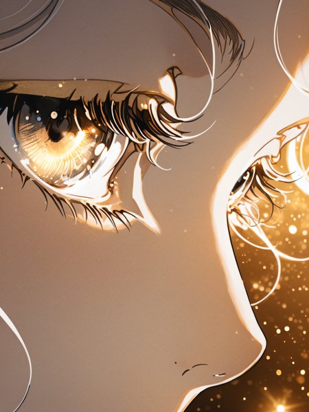 ultra close-up of beautiful eyes, long delicate eyelashes, glowing star reflection inside pupils, soft magical glow, dreamy lighting, floating golden and silver particles, fantasy aesthetic, soft bokeh, high-detail rendering, anime-style illustration, colored manga art, warm ethereal tones, high contrast, cinematic composition.  <lora:AnimeSKetch:2>