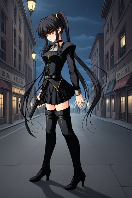 1girl, solo, nosogirenes, black hair, twintails, very long hair, sidelocks, yellow eyes, earrings, choker, black shirt, juliet sleeves, long sleeves, corset, belt, black skirt, thigh boots, high heels, full body, outdoors, city, street, night, holding, weapon, handgun, from side, serious, parted lips,