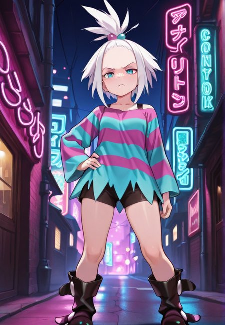 masterpiece, best quality, amazing quality, very aesthetic, absurdres,  newest, detailed background,
roxie, 1girl, solo, looking at viewer, blue eyes, shirt, long sleeves, hair ornament, dress, closed mouth, standing, white hair, outdoors, boots, shorts, black footwear, striped clothes, hand on own hip, night, frown, black shorts, spiked hair, hair bobbles, building, bike shorts, forehead, freckles, legs apart, striped shirt, road, platform footwear, striped dress, topknot, knees, bra strap, city lights, neon lights, platform boots, short hair, two-tone dress, cowboy shot
 <lora:Roxie_-_Pokemon_Illustrious:1>