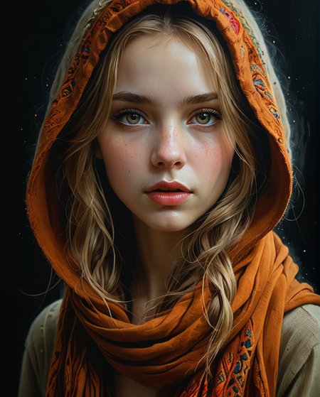 Drawing, full-length profile portrait of a girl, (Anna Dittmann), with wide hood, round face, loose hair, strands of hair covering the eyes and face, half-open lips, full lips, perfect and hyper-detailed light eyes, hair loose and messy brown, wool scarf on the head, earrings, black background, bright colors, sensuality, desire, side lighting, very high contrast, hard shadows, hyperrealistic, oil on canvas, paint strokes with a spatula, splashes