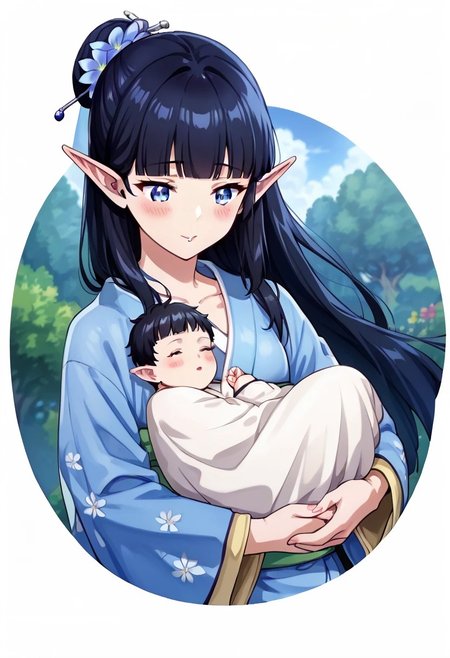 (ultra-detailed, ultra detailed), (master piece, best quality, high resolution), zPDXL, (score 9), (score 8 up), (score 7 up), (score 6 up:0.5), (high quality face), ultra quality face, (super detailed beautiful face), detailed face, beautiful eyes, detailed eyes, extremely detailed, 
source_anime, anime screencap, Anime Screencap, animation, (2D), 
1girl, score_9,score_8_up,score_7_up, blanket over body, 
elf ,pointy ears, blue eyes and long black hair, couplelunia, blue kimono, long black hair mother, wide long sleeves blue kimono, white sock, green obi, himecut, hime cut, blush, black hair wife, blue eyes, close up shot, upper body, blue flower hairpin,
 looking down at baby, sitting down, (baby sleeping), baby carry, holding baby,