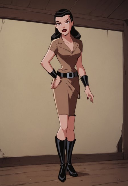 safe_pos, score_9, score_8_up, score_7_up, solo, 1girl, lipstick, black hair, brown eyes, no pupils, brown clothes, belt, boots, breast, looking at viewer, Miranda Kane (dc), parody, indoors, circus carp