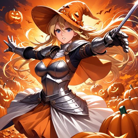 long hair, blonde hair, pumpkin hat,large breasts 
Knight,armored dress,gauntlets,holding wand,pumpkin  skirt 
fighting stance,dynamic pose
score_9, score_8_up, score_7_up,  masterpiece, best quality, source_anime, source_hentai,  uncensored, detailed background,