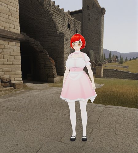 <lora:lulu_vrchat:1>,1girl, huge breasts, wide hips, 
lulu(ori),red hair,short hair,yellow eyes,blush, glasses, 
waitresses,anna miller,
Loafers, white thighhighs,
medieval castle, stone walls, moat,
very awa, masterpiece, best quality, highres, absurdes,amazing quality,very aesthetic,intricate details, <lora:hand 5.5:1>