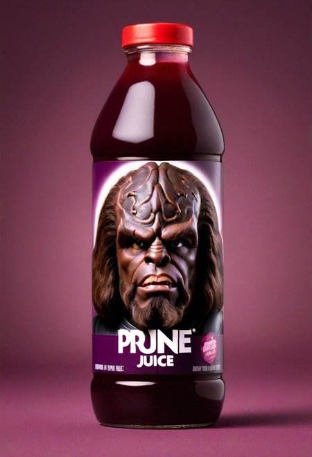 realistic product photograph, a bottle of prune juice with the face of Worf