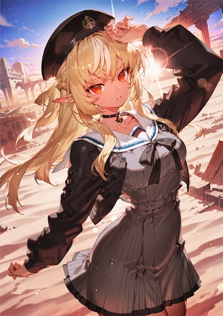 zPDXL3 Real score_9, score_8_up, score_7_up, score_6_up source_anime, highly detailed, sharp, intricate details, rating_safe rating_sensitive, rating_explicit, masterpiece, best quality, good quality, bright eyes light particles lens flare amazing quality, very aesthetic, very awa, absurdres, newest,
<lora:nhl-001-20:0.4> nhl-001 film grain multicolored background ,<lora:ponyv4_noob1_2_adamW-000017:0.33>
<lora:yoneyamaiXLNBVP1lokrV6311PZ:0.5>, <lora:sukotteiforill:0.5>
medium breasts, dynamic pose, dynamic angle,
optical illusion, ssambatea, quasarcake, Fishine, arutera, soresaki, reoen, sanbonzakura, askzy, negative space, see-through, made of, neon light, detailed background,
desert, sand, broken bridge, broken building, cloud, cloudy sky,
shiranui flare,
flarestreet, long hair, braid, black headwear, black choker, pendant, grey dress, pinstripe dress, sailor dress, white sailor collar, black jacket,
 <lora:flareIL:0.7>