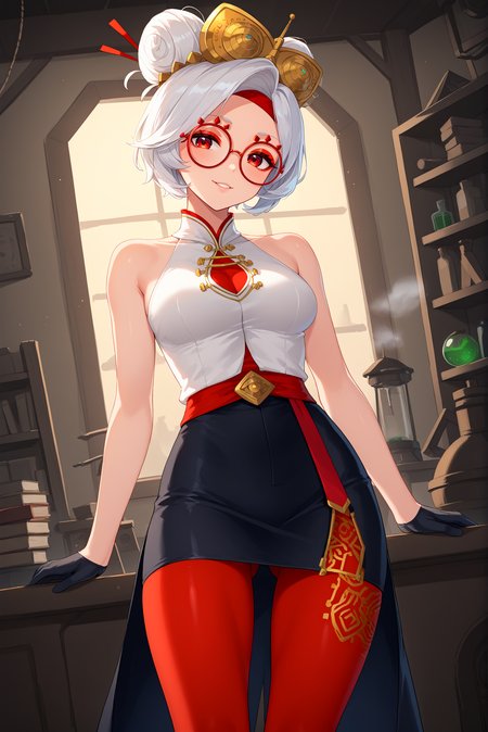 score_9, score_8_up, score_7_up, score_6_up, anime source, anime style, solo, 1girl,
<lora:P-Purah:1>, white hair, red eyes, red-framed eyewear, red headband, hair ornament, red eyeshadow, hair bun,
black gloves, red pantyhose, black pencil skirt, white crop top, sleeveless, bare shoulders, bare arms, 
medium breasts, seductive smile, parted lips, eyelashes, standing,
potions, red potions, green potions, glowing potions, alchemy_lab, shelves_with_glowing_potions, steampunk_gears, machinery, dim_lighting, mystical_glow, green_and_purple_lighting, ancient_lab, fantasy_magic, steam, metallic_background