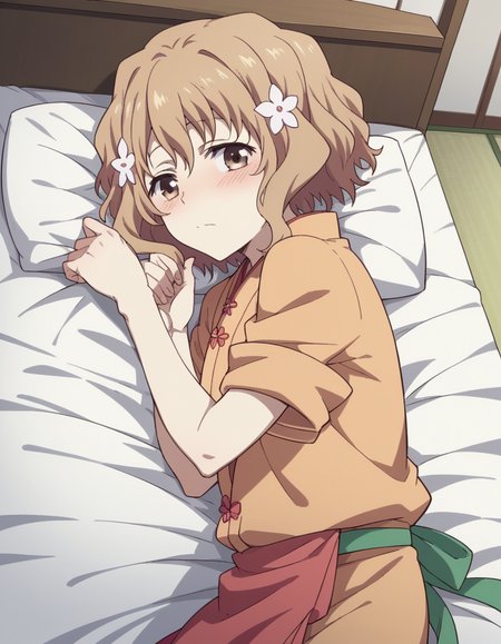 score_9, score_8_up, score_7_up, source_anime,
ohanamatsumae, <lora:ohana-matsumae-s1-ponyxl-lora-nochekaiser:1>,
ohana matsumae, short hair, brown hair, hair ornament, brown eyes, flower, hair flower,
japanese clothes, kimono, apron, sleeves rolled up,
indoors, bed, bed room, on side, blush, drunk,
looking at viewer, cowboy shot, solo, dutch angle,