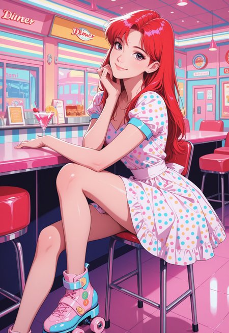 masterpiece, best quality, 8k, highres, anime coloring, pastel colors, vibrant colors, neon aesthetic, 90s miami aesthetic, colorful, bright lighting, high contrast, fashion shoot, fashion model, looking at viewer, eye-level view, 1girl, solo, long hair, red hair, black highlights, windswept hair, hair behind ear, loose hair strand, smile, greeting, head tilt, old school diner waitress, polka dot dress, roller skates, 