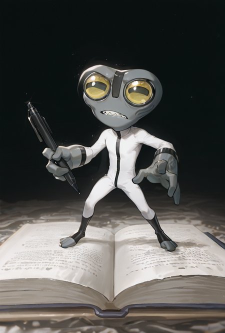 <lora:greymatter-09:1> greymatter, solo, 1boy, white bodysuit, grey skin, , small body, big hands,  , sharp teeth, big yellow eyes, big head, dynamic pose, <lora:WSSKX_WAI:1>, holding massive pen, tiny character,  book closeup, standing on a book,, masterpiece, best quality, amazing quality, very aesthetic, absurdres, newest,