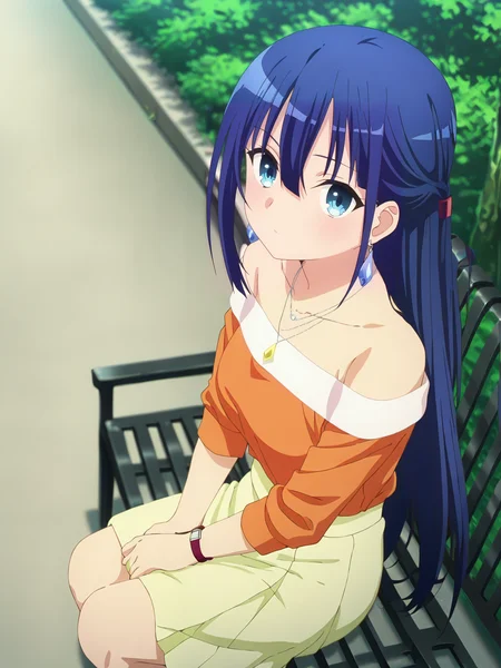 <lora:Ayano_Yugiri_Character:0.8>ayano_yugiri, 1girl, solo, blue eyes, blue hair, very long hair, half updo, crystal earrings, silver necklace, yellow pendant, off-shoulder orange shirt, yellow skirt, wristwatch, looking at viewer, sitting on bench, from above, full body, cropped legs, resting hands