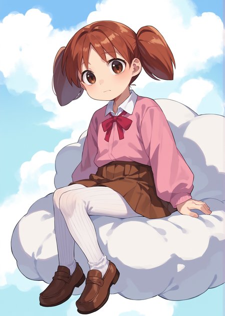 score_9, score_8_up, score_7_up, score_6_up, source_anime, zPDXL, <lora:ALTXL_pony_0061_8:2>, BREAK
1girl, solo,  <lora:Mihama_Chiyo_Chiyo-Chan:0.9> chiyo, twintails, Auburn hair, brown eyes, short twintails, little girl, child, sitting on a cloud, surrounded by fluffy pillows, school uniform, brown loafers, brown skirt, pink shirt, red ribbon, neck ribbon,  <lora:Cotton_Tights:1> ribbed tights, white tights,
