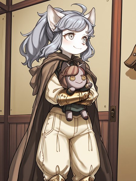 BREAK, <lora:Sheena_Falafel:1>, Sheena Falafel, Fuga: Melodies of Steel, kemono, furry female, young female, 1girl, cat girl, white fur, grey eyes, pastel blue hair, long hair, ahoge, bangs, sidelocks, animal ears, cat ears, animal nose, pink nose, Fuga 2 appearance, ponytail,
BREAK, Fuga 3 Outfit, metal boots, white pants, white top, gauntlets, brown cape,
BREAK, Bleuette, Bleuette doll, character doll, stuffed cat, holding doll, holding object,
BREAK, solo, inside, standing, cute pose, closed mouth, looking away, head tilt, smile,