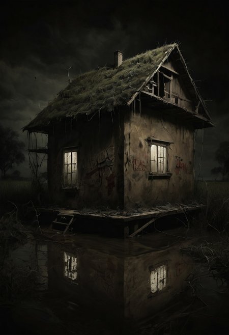 Flood-House in the center of the field, everything is flooded with water all around. Rich palette, special writing technique. Synthesis of primitive forms with the construction of painting techniques... aesthetics. Charm. Thematic Art of Life (Conceptual Art) (NFT Exclusive) (Fauve Artworks) Visual poetry transcends traditional boundaries and encounters the dynamic interplay of creativity and technology, Retro: 1.3, Earthy Natural Color, Punk, Happy, Optimistic, Jerome Jerome Jerome, Gabriel Pacheco: 1.3 retro lighting, minimalism.