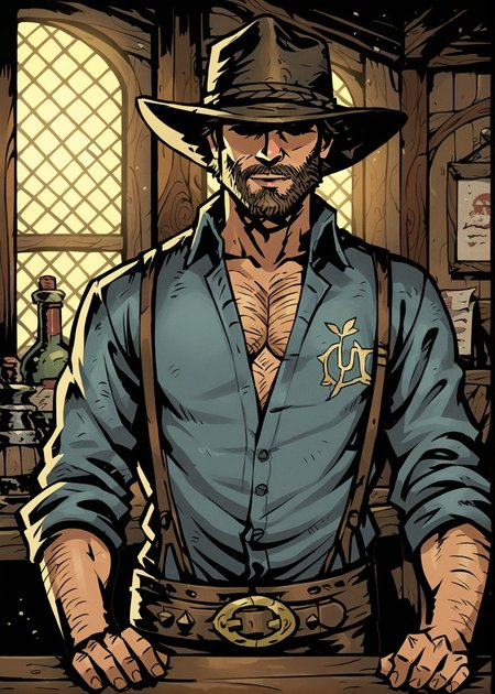 tavern background, night time, solo, upper body, looking at viewer, <lora:DarkestDungeon-Style:0.8>
BREAK  <lora:arthurmorgan:0.65> arthur morgan, , facial hair, beard, short hair, arm hair, looking at viewer, shirt, belt, cowboy hat,, BREAK score_9, score_8_up, score_7_up, score_6_up, score_5_up,