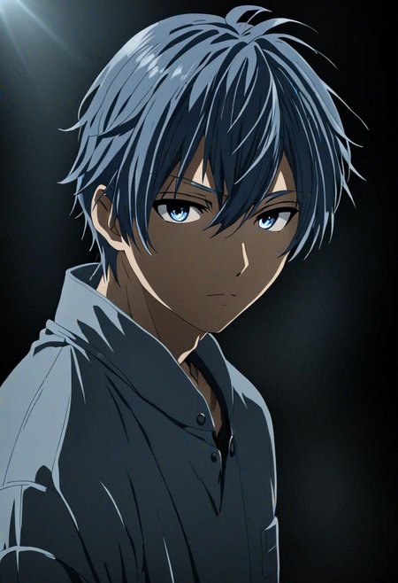 high resolution, solo, best quality, 1Boy, Tomoya Okazaki, Grey Blue Hair, cool, Mysterious black background, Movie lighting, a sense of atmosphere, OverallDetail