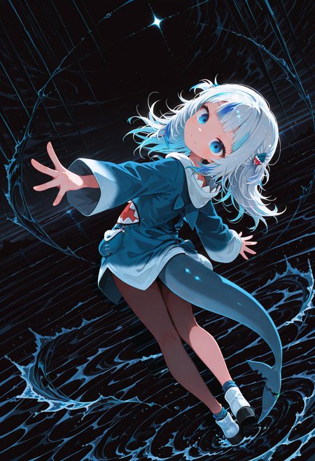 1girl, solo, side view,, hololive, gawr gura (1st costume), smile,head tilt, waving, looking at viewer, from back, open arms, full body, water,sky, abstract background, dynamic posing, fashion pose, dynamic angle, dark theme, extremely cinematic lighting, luminous bright design, glowing , subsurface scattering, atmospheric, cinematic lighting, masterpiece, very aesthetic, absurdres, edanoma_meu_illu, flat color, no lineart, svevsty,