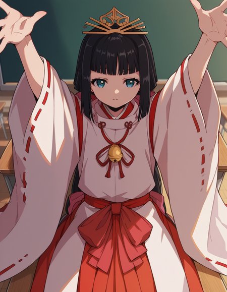 score_9, score_8_up, score_7_up, source_anime, <lora:nigewaka-shizuku-s1-ponyxl-lora-nochekaiser:1>, shizuku, long hair, bangs, blue eyes, black hair, blunt bangs,, japanese clothes, bell, miko, skirt, long sleeves, ribbon, wide sleeves, red ribbon, ribbon trim, hakama, hakama skirt, jingle bell, ribbon-trimmed sleeves, miko, red hakama,, classroom, chalkboard, day time, studying, sitting, chair, desk,, , , on back, arm support, arms up, incoming hug, pov, reaching, reaching towards viewer,, solo,, cowboy shot, dutch angle