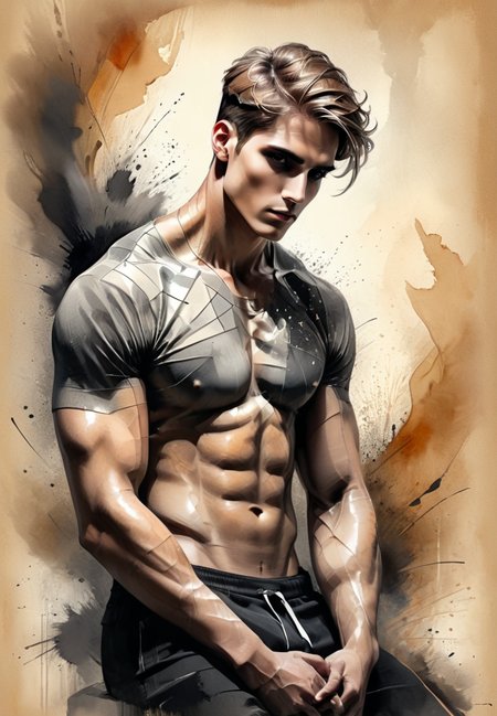 <lora:artfullyTANPAPERMALE:1> (((a man in a relaxed yet powerful pose))) in a (a hazy mix of dark shadows and warm tones), evoking a sense of moody reflection with the theme of the interplay of shadow and light. Rendered in digital art with pencil sketch details style using mediums such as graphite with acrylic highlights, watercolor pencil and brush pen, soft pastel accents on pencil sketch, featuring a color palette of soft beiges with charcoal accents. Accents include mosaic tiles with color variations, grid-like dot matrix, with special stylistic elements like fluid lines suggesting motion and strength, geometric frames around features, abstract splashes over the face.