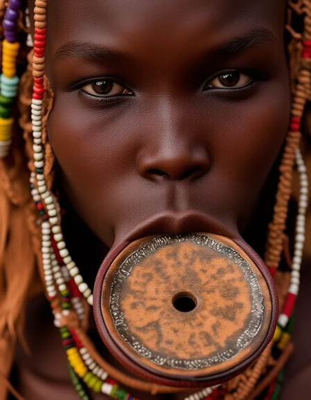 a Murs1 woman, showcasing her distinct facial features and traditional adornments. Her skin is a rich, deep brown, with high, prominent cheekbones and a broad, flat nose, emphasizing her striking natural beauty. Her piercing gaze exudes strength and wisdom, a reflection of her cultural resilience. Her ears are adorned with intricately designed wooden or clay plugs, extending her earlobes in traditional style. Around her neck are multiple layers of carefully hand-strung, colorful beaded necklaces, each bead telling a story of heritage and identity. Her hair is styled in short, tight braids coated with organic mud and natural pigments in earthy ochre tones. The iconic large ceramic lip plate (dhebi a tugoin) accentuates her appearance, decorated with fine hand-painted patterns symbolizing Murs1 artistry. Every detail, from her facial features to her traditional jewelry, is rendered in highly realistic textures and vibrant detail, capturing the essence of her identity within the cultural context.
<lora:mursi:1>
 <lora:style_of_Miles_Aldridge_FLUX_154:1> style of miles aldridge, beautiful light set up,  dynamic range  lighting, RAW candid cinema, 16mm, color graded portra 400 film, remarkable color, ultra realistic, textured skin, remarkable detailed pupils, realistic dull skin noise, visible skin detail, skin fuzz, dry skin, shot with cinematic camera