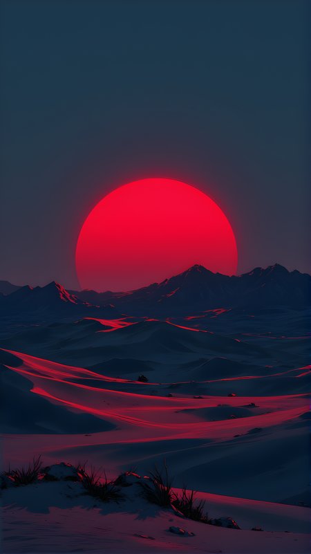The image depicts a dramatic and surreal desert landscape under a vivid, blood-red sunset. The scene is characterized by smooth, undulating sand dunes that stretch across the foreground, their contours highlighted by the intense red light. The horizon features dark, silhouetted mountains or hills, which provide depth and contrast to the composition. At the center of the image, a large, glowing red sun dominates the sky, casting an otherworldly hue over the entire scene. The overall atmosphere is mysterious and haunting, blending elements of natural beauty with an eerie, almost apocalyptic ambiance. The stark color palette and minimalist design create a powerful visual impact, evoking feelings of isolation and wonder.
j_art, anime, anime art, <lora:FLUX\jul\J_Anime:0.7>, <lora:FLUX\RealAnime:0.7>