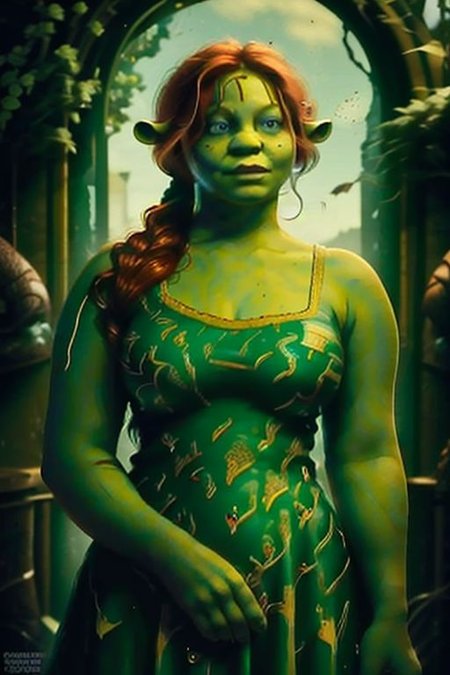 photorealistic, octane render, best quality, sharp focus, 8k, 4k, Masterpiece, Best Quality, realistic skin texture, extremely detailed, intricate, hyper detailed, illustration, soft lighting, high resolution, sharp detail,  <lora:FionaOrc_character:0.8> FionaOrc, (Green skin, colored skin, pointy ears, monster girl, blue eyes, dress, red hair, orc female, thick, plump, curvy, freckles), (dress),portal