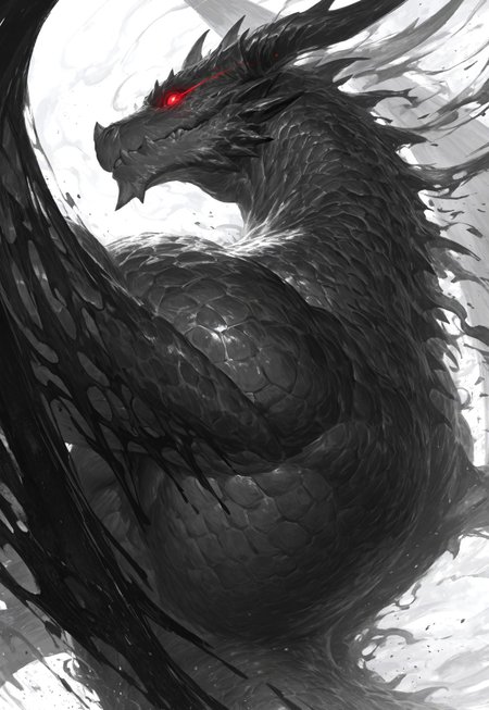 1boy, solo, western dragon, monster,ink painting, (null-ghost:0.6), (lindong:0.4), oil painting \(medium\), chiaroscuro,  brown skin, BREAK glowing red eyes, eye trail, BREAK dragon horn, wings, huge muscle, nude, dissolving, smoke, silhouette,upper body, from side, greyscale, (simple background, white background), BREAK masterpiece, best quality, amazing quality, very aesthetic, year 2024, newest, highres, absurdres