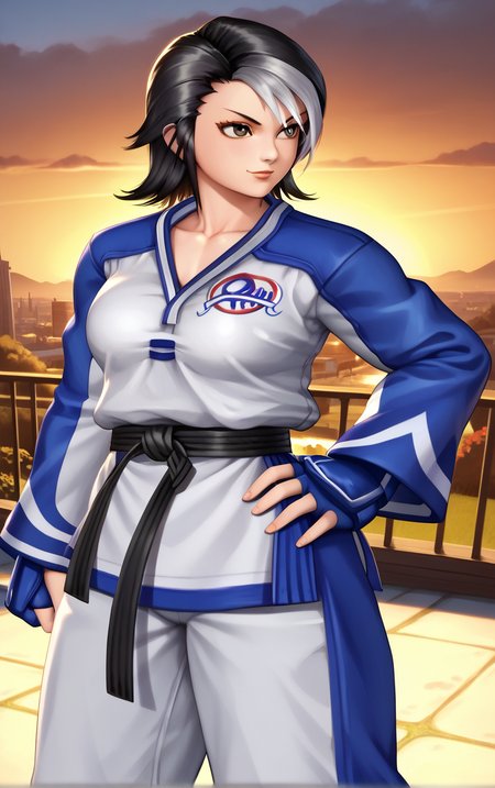 score_9, score_8_up, score_7_up, BREAK 
RedDougi_ChaeLim_ownwaifu, 
1girl, black hair, breasts, medium breasts, two-tone hair, white hair, brown eyes, short hair
black belt, dougi, martial arts belt, multicolored clothes, belt, fingerless gloves, gloves, long sleeves, raglan sleeves, 
(contrapposto, hand on hip), sunset, sidelighting, cityscape, vanishing point, outdoors, <lora:PONYXL_GAME_KOF_ChaeLim_ownwaifu:1> , depth of field, solo,